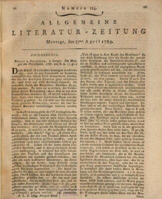 Allgemeine Literatur-Zeitung (Literarisches Zentralblatt für Deutschland) Montag 13. April 1789