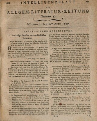 Allgemeine Literatur-Zeitung (Literarisches Zentralblatt für Deutschland) Mittwoch 22. April 1789