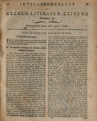 Allgemeine Literatur-Zeitung (Literarisches Zentralblatt für Deutschland) Mittwoch 29. April 1789