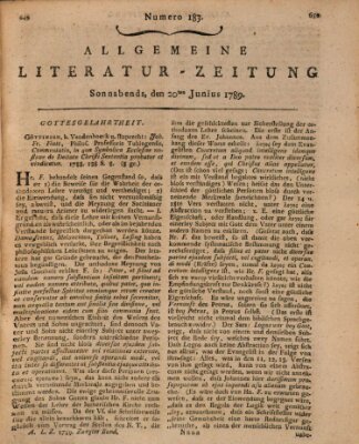 Allgemeine Literatur-Zeitung (Literarisches Zentralblatt für Deutschland) Samstag 20. Juni 1789