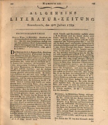 Allgemeine Literatur-Zeitung (Literarisches Zentralblatt für Deutschland) Samstag 18. Juli 1789