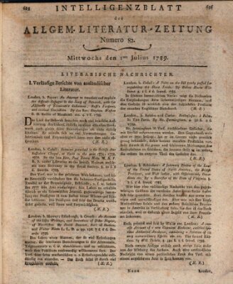 Allgemeine Literatur-Zeitung (Literarisches Zentralblatt für Deutschland) Mittwoch 1. Juli 1789