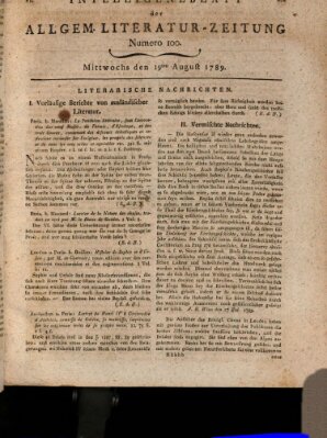 Allgemeine Literatur-Zeitung (Literarisches Zentralblatt für Deutschland) Mittwoch 19. August 1789