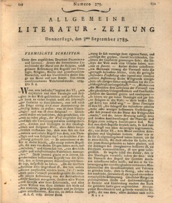 Allgemeine Literatur-Zeitung (Literarisches Zentralblatt für Deutschland) Donnerstag 3. September 1789