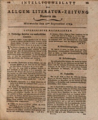 Allgemeine Literatur-Zeitung (Literarisches Zentralblatt für Deutschland) Mittwoch 16. September 1789