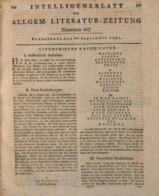 Allgemeine Literatur-Zeitung (Literarisches Zentralblatt für Deutschland) Samstag 3. September 1791