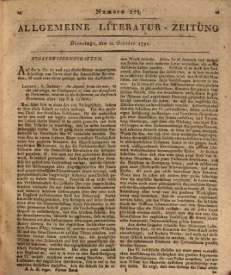 Allgemeine Literatur-Zeitung (Literarisches Zentralblatt für Deutschland) Dienstag 11. Oktober 1791