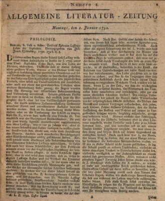 Allgemeine Literatur-Zeitung (Literarisches Zentralblatt für Deutschland) Montag 2. Januar 1792