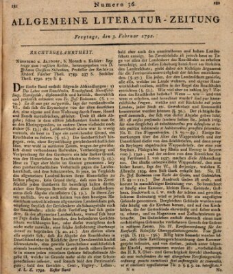 Allgemeine Literatur-Zeitung (Literarisches Zentralblatt für Deutschland) Freitag 3. Februar 1792