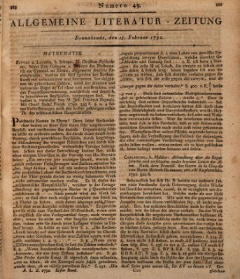 Allgemeine Literatur-Zeitung (Literarisches Zentralblatt für Deutschland) Samstag 18. Februar 1792