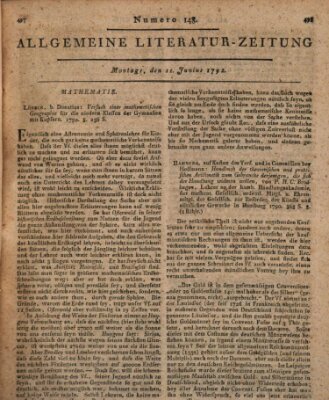 Allgemeine Literatur-Zeitung (Literarisches Zentralblatt für Deutschland) Montag 11. Juni 1792