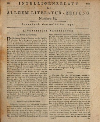 Allgemeine Literatur-Zeitung (Literarisches Zentralblatt für Deutschland) Samstag 21. Juli 1792