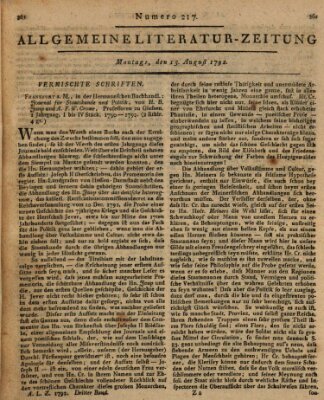 Allgemeine Literatur-Zeitung (Literarisches Zentralblatt für Deutschland) Montag 13. August 1792