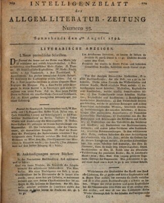 Allgemeine Literatur-Zeitung (Literarisches Zentralblatt für Deutschland) Samstag 4. August 1792