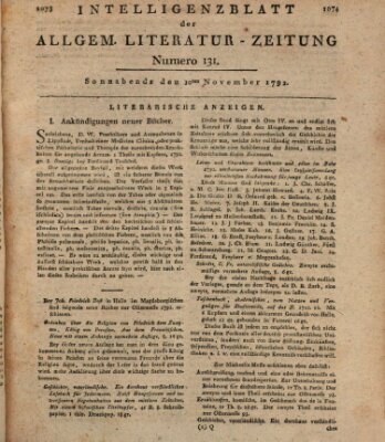 Allgemeine Literatur-Zeitung (Literarisches Zentralblatt für Deutschland) Samstag 10. November 1792