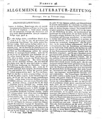 Allgemeine Literatur-Zeitung (Literarisches Zentralblatt für Deutschland) Montag 18. Februar 1793