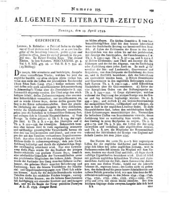 Allgemeine Literatur-Zeitung (Literarisches Zentralblatt für Deutschland) Montag 29. April 1793