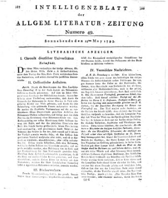 Allgemeine Literatur-Zeitung (Literarisches Zentralblatt für Deutschland) Samstag 18. Mai 1793