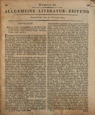 Allgemeine Literatur-Zeitung (Literarisches Zentralblatt für Deutschland) Samstag 22. Februar 1794