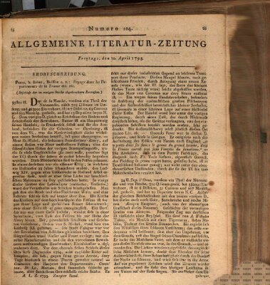 Allgemeine Literatur-Zeitung (Literarisches Zentralblatt für Deutschland) Freitag 10. April 1795