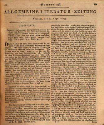 Allgemeine Literatur-Zeitung (Literarisches Zentralblatt für Deutschland) Montag 31. August 1795