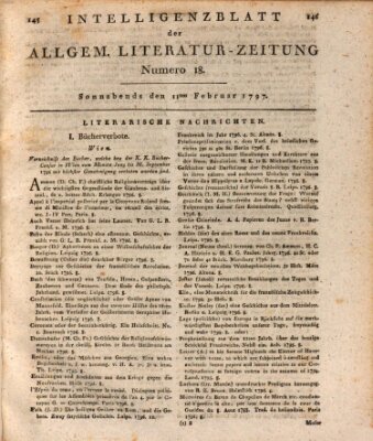 Allgemeine Literatur-Zeitung (Literarisches Zentralblatt für Deutschland) Samstag 11. Februar 1797