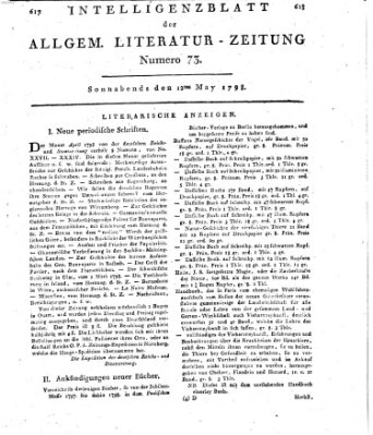 Allgemeine Literatur-Zeitung (Literarisches Zentralblatt für Deutschland) Samstag 12. Mai 1798