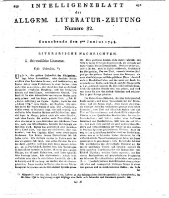 Allgemeine Literatur-Zeitung (Literarisches Zentralblatt für Deutschland) Samstag 9. Juni 1798