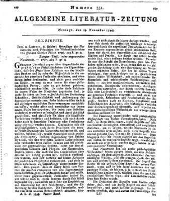 Allgemeine Literatur-Zeitung (Literarisches Zentralblatt für Deutschland) Montag 19. November 1798