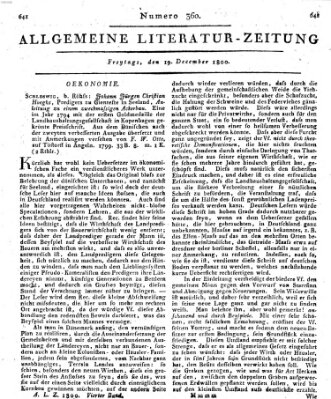 Allgemeine Literatur-Zeitung (Literarisches Zentralblatt für Deutschland) Freitag 19. Dezember 1800