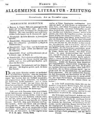 Allgemeine Literatur-Zeitung (Literarisches Zentralblatt für Deutschland) Samstag 20. Dezember 1800