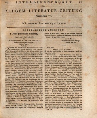 Allgemeine Literatur-Zeitung (Literarisches Zentralblatt für Deutschland) Mittwoch 22. April 1801