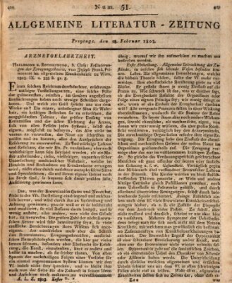 Allgemeine Literatur-Zeitung (Literarisches Zentralblatt für Deutschland) Freitag 18. Februar 1803