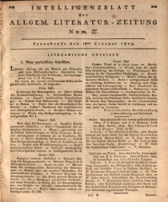 Allgemeine Literatur-Zeitung (Literarisches Zentralblatt für Deutschland) Samstag 18. Februar 1804