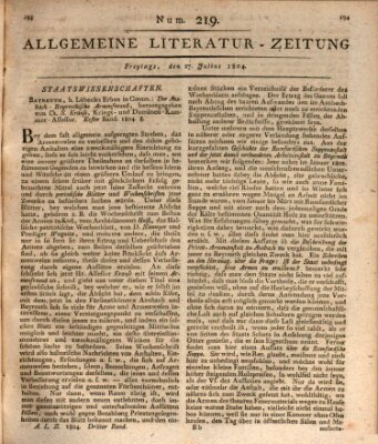 Allgemeine Literatur-Zeitung (Literarisches Zentralblatt für Deutschland) Freitag 27. Juli 1804