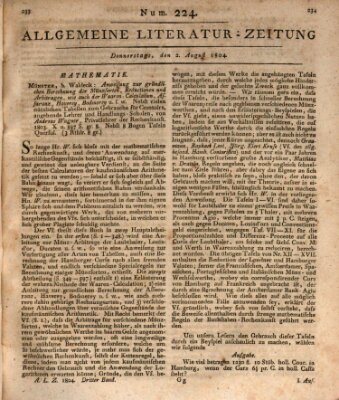 Allgemeine Literatur-Zeitung (Literarisches Zentralblatt für Deutschland) Donnerstag 2. August 1804