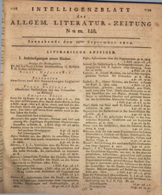 Allgemeine Literatur-Zeitung (Literarisches Zentralblatt für Deutschland) Samstag 15. September 1804