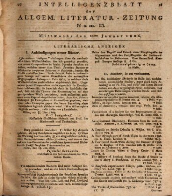 Allgemeine Literatur-Zeitung (Literarisches Zentralblatt für Deutschland) Mittwoch 22. Januar 1806