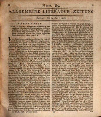 Allgemeine Literatur-Zeitung (Literarisches Zentralblatt für Deutschland) Montag 14. April 1806