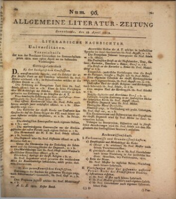 Allgemeine Literatur-Zeitung (Literarisches Zentralblatt für Deutschland) Samstag 18. April 1812