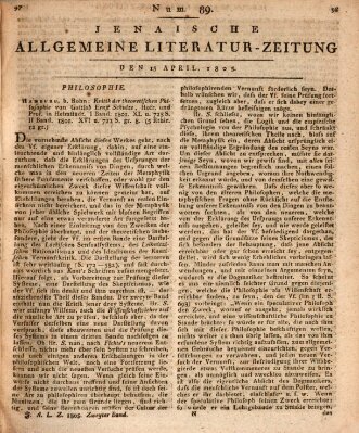 Jenaische allgemeine Literatur-Zeitung vom Jahre ... Montag 15. April 1805