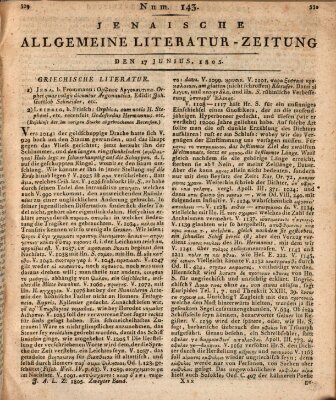 Jenaische allgemeine Literatur-Zeitung vom Jahre ... Montag 17. Juni 1805