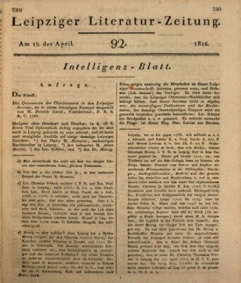 Leipziger Literaturzeitung Samstag 13. April 1816