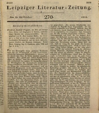 Leipziger Literaturzeitung Mittwoch 30. Oktober 1816