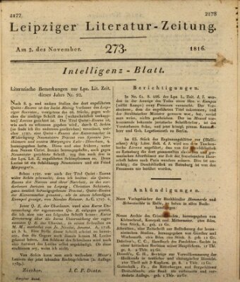 Leipziger Literaturzeitung Samstag 2. November 1816