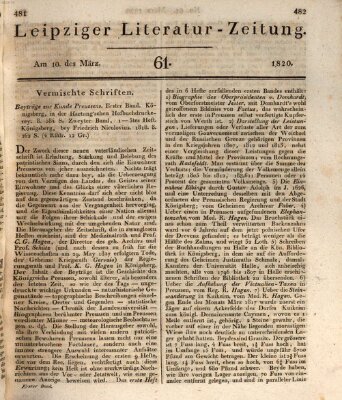 Leipziger Literaturzeitung Freitag 10. März 1820