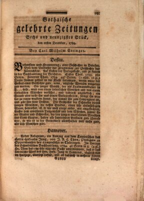 Gothaische gelehrte Zeitungen Mittwoch 1. Dezember 1784