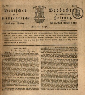 Deutscher Beobachter oder privilegirte hanseatische Zeitung Freitag 12. April 1816