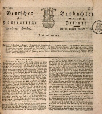 Deutscher Beobachter oder privilegirte hanseatische Zeitung Dienstag 20. August 1816