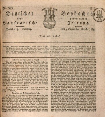 Deutscher Beobachter oder privilegirte hanseatische Zeitung Dienstag 3. September 1816